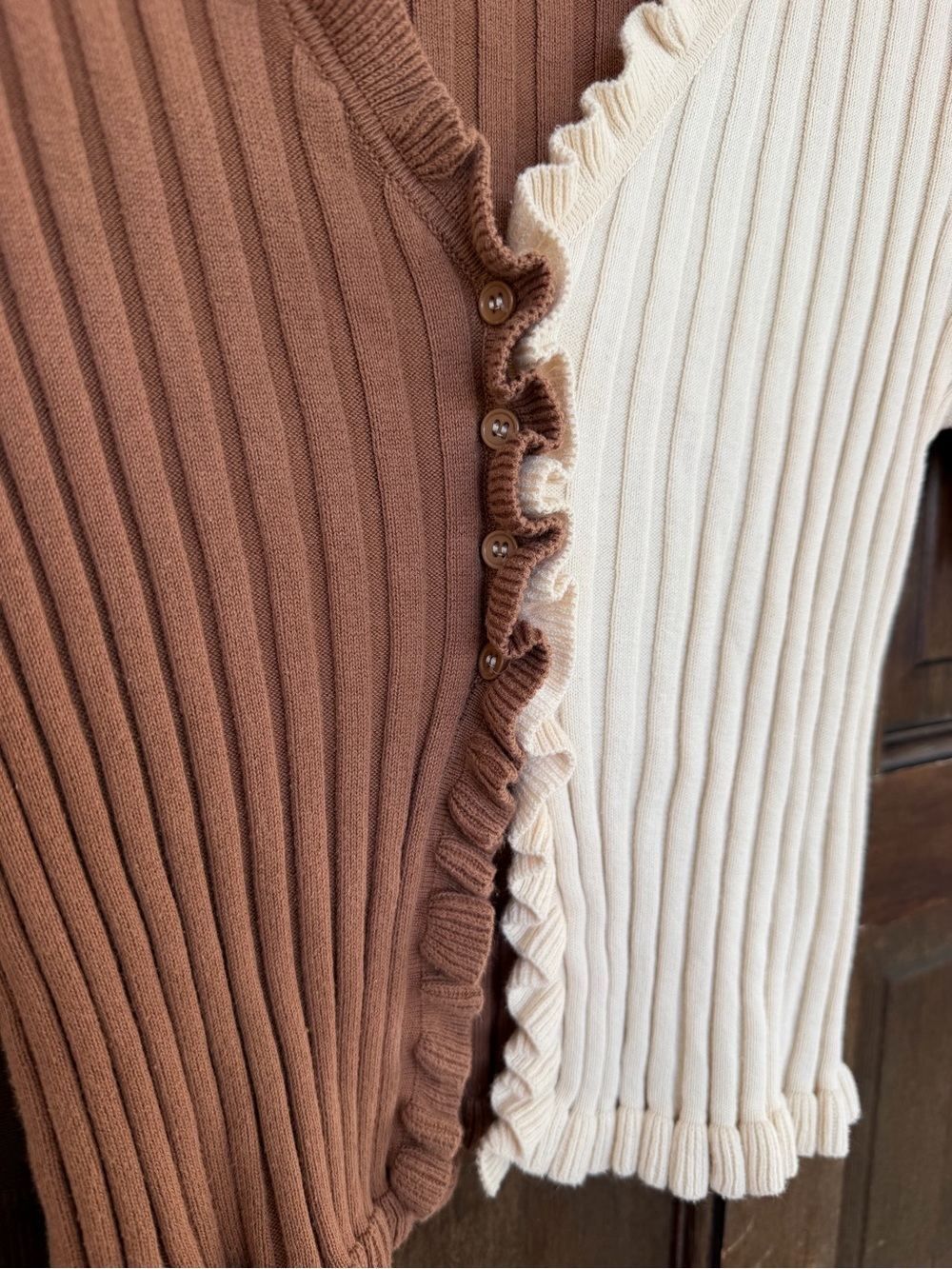 Finders Keepers Ribbed Two-Tone Ruffle-Edge Top — Brown & Cream - Picture 3 of 6